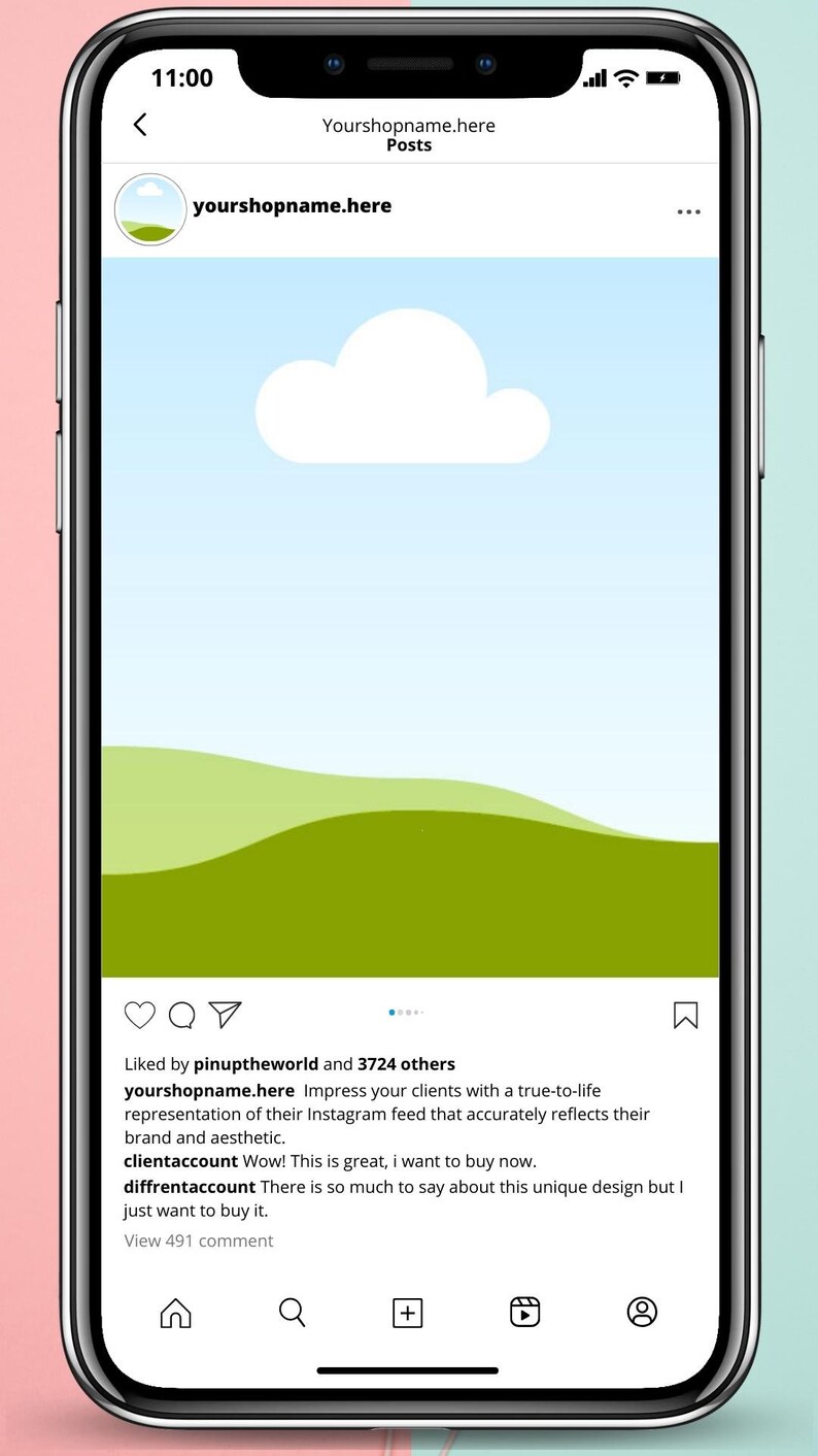 K&ouml;nnte beinhalten: Ein Screenshot eines Mobiltelefons, auf dem ein Social-Media-Beitrag angezeigt wird. Der Beitrag zeigt eine einfache Illustration eines gr&uuml;nen H&uuml;gels und einer wei&szlig;en Wolke vor blauem Himmel. Die Bildunterschrift lautet: "Beeindrucken Sie Ihre Kunden mit einer realistischen Darstellung ihres Instagram-Feeds, die ihre Marke und &Auml;sthetik genau widerspiegelt." Der Beitrag hat 3.724 Likes und 491 Kommentare erhalten.