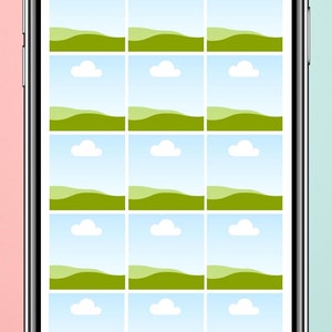 K&ouml;nnte beinhalten: Ein Screenshot eines Mobiltelefons, auf dem ein Raster mit 15 Bildern angezeigt wird. Jedes Bild zeigt eine einfache Landschaftsszene mit einem gr&uuml;nen Grasberg, einem blauen Himmel und wei&szlig;en Wolken. Auf dem Bildschirm des Telefons wird auch der Text "Your shop name here" oben angezeigt.