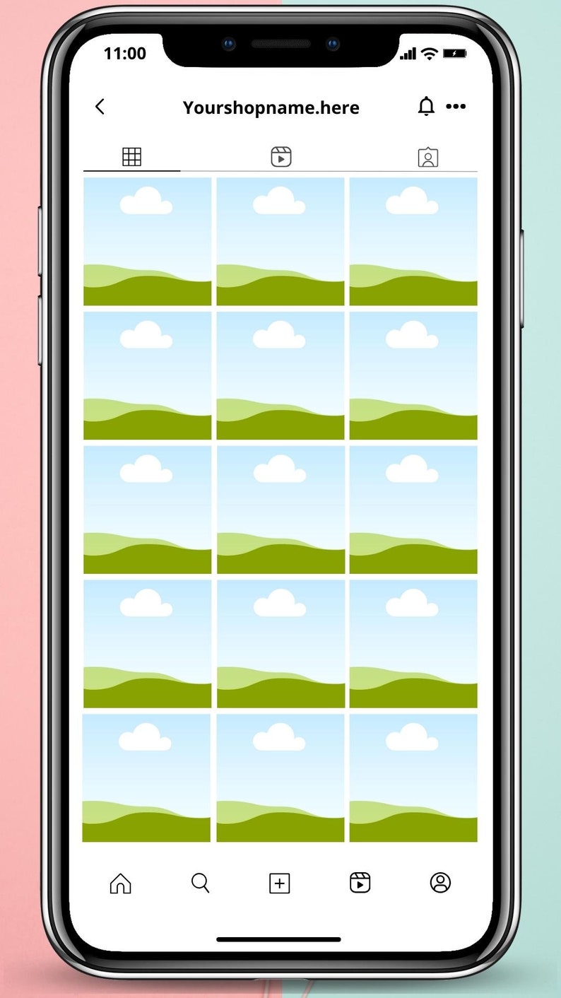 K&ouml;nnte beinhalten: Ein Screenshot eines Mobiltelefons, auf dem ein Raster mit 15 Bildern angezeigt wird. Jedes Bild zeigt eine einfache Landschaftsszene mit einem gr&uuml;nen Grasberg, einem blauen Himmel und wei&szlig;en Wolken. Auf dem Bildschirm des Telefons wird auch der Text "Your shop name here" oben angezeigt.