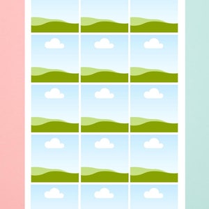 K&ouml;nnte beinhalten: Ein Screenshot eines Mobiltelefons, auf dem ein Raster mit 15 Bildern angezeigt wird. Jedes Bild zeigt eine gr&uuml;ne Wiese mit blauem Himmel und wei&szlig;en Wolken. Der Telefonbildschirm zeigt auch eine Navigationsleiste mit Symbolen f&uuml;r Zuhause, Suche, Hinzuf&uuml;gen, Wiedergabe und Profil.