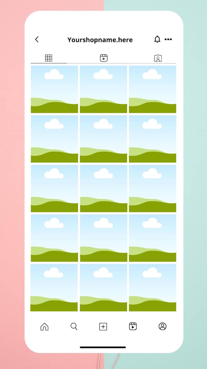 K&ouml;nnte beinhalten: Ein Screenshot eines Mobiltelefons, auf dem ein Raster mit 15 Bildern angezeigt wird. Jedes Bild zeigt eine gr&uuml;ne Wiese mit blauem Himmel und wei&szlig;en Wolken. Der Telefonbildschirm zeigt auch eine Navigationsleiste mit Symbolen f&uuml;r Zuhause, Suche, Hinzuf&uuml;gen, Wiedergabe und Profil.