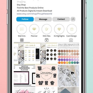 K&ouml;nnte beinhalten: Ein Screenshot des Instagram-Profils eines Etsy-Shops. Das Profil zeigt eine Vielzahl von digitalen Produkten, darunter Hochzeitsplaner, Instagram-Story-Highlights, SVG-Dateien und Kartenentw&uuml;rfe. Der Name des Shops ist Pinuptheworld und das Profil hat 364.000 Follower.