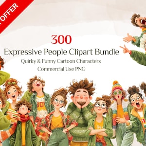 Peut inclure: Un lot d'art numérique avec 300 cliparts de personnes expressives. L'image présente un groupe de personnages de dessins animés originaux et amusants dans diverses poses et expressions. Le texte "BUNDLE OFFER" est dans une bannière rouge. Le clipart est pour un usage commercial.
