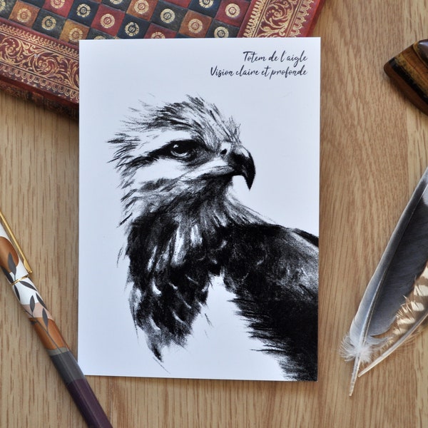 carte postale illustrée dessin fusain animal totem aigle