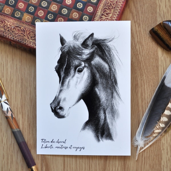 carte postale illustrée dessin fusain animal totem cheval