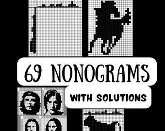 May include: A black and white book cover titled Reveal the Hidden Picture 69 NONOGRAMS WITH SOLUTIONS. The cover features grid-based logic puzzles, including portraits and animal silhouettes, with the dimensions 21.59 cm x 27.94 cm printed at the bottom.