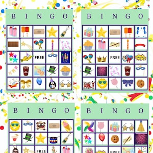 50 bingokaarten - afbeeldingen in plaats van cijfers - elk één pagina - grote letter - afdrukbare bingokaarten - gezelschapsspellen - familiespellen - downloaden