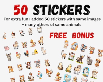 20 Farm Animals Cards, 50 BONUS Stickers, Montessori flash cards, Pre-School Cards, Rainbow Educational Printable Cards, Instant Download