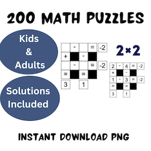 May include: A printable worksheet with 200 math puzzles for kids and adults. The puzzles are 2x2 grids with addition, subtraction, and multiplication problems. The worksheet includes solutions.