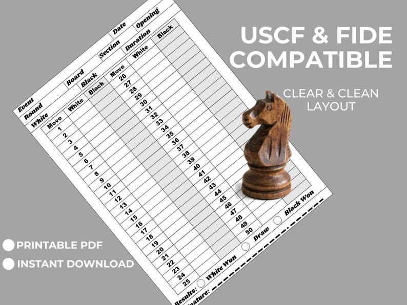 Printable Chess Score Sheet, Chess Tournament Log PDF, Game Record ...
