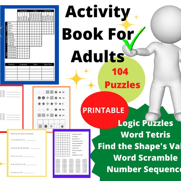 Activity Book for Adults - 104 Challenging Puzzles - Word and Number Games - Logic Puzzle, Sequence, Shape's Value, Word Tetris & Scramble