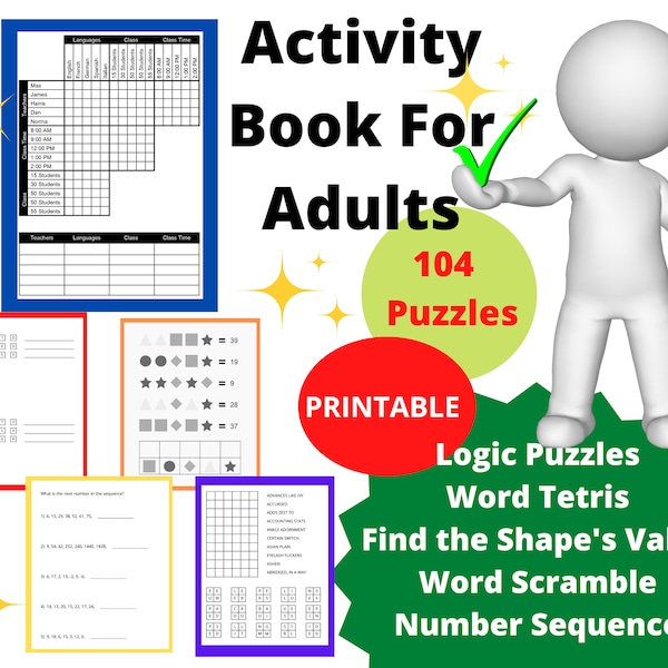 Activity Book for Adults - 104 Challenging Puzzles - Word and Number Games - Logic Puzzle, Sequence, Shape's Value, Word Tetris & Scramble