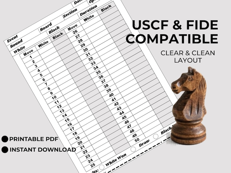 Printable Chess Score Sheet, Chess Tournament Log PDF, Game Record ...