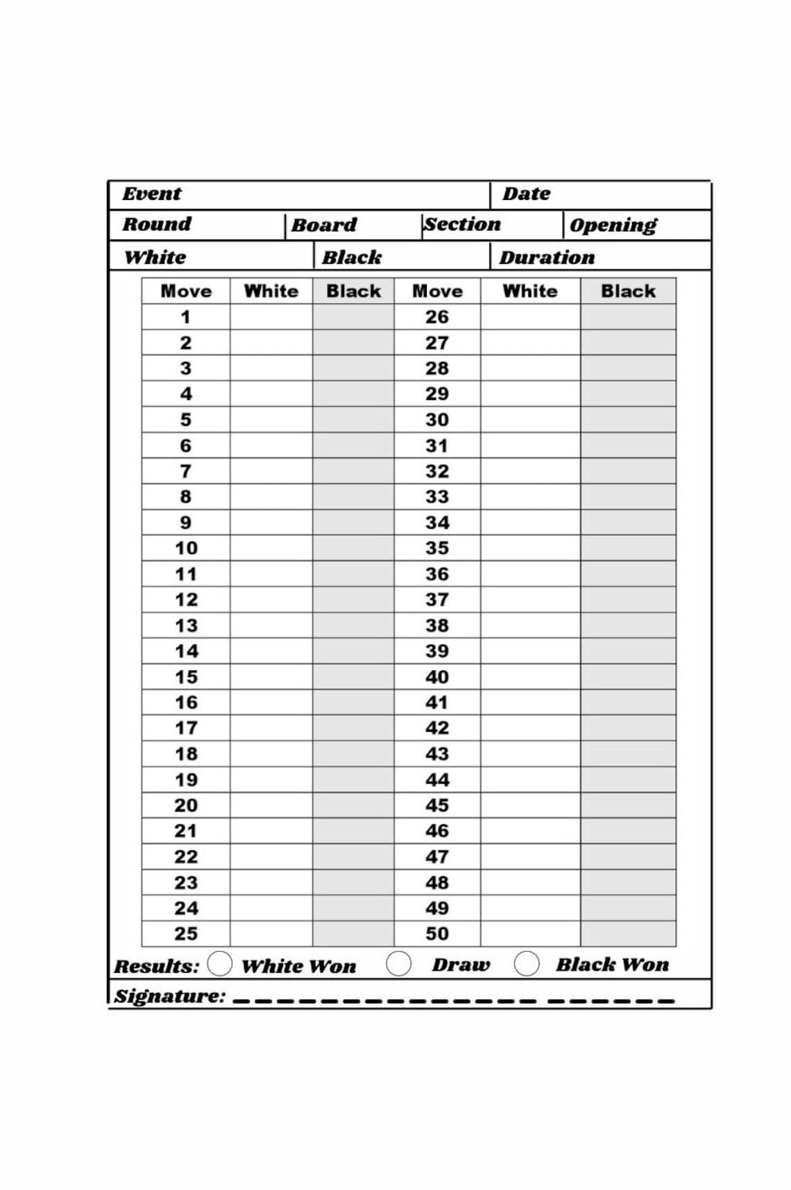 Chess Score Sheet Record and Track Your and Your Opponent Moves in a