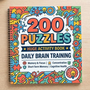 May include: A spiral-bound activity book titled 200 PUZZLES HUGE ACTIVITY BOOK DAILY BRAIN TRAINING. The cover features colourful illustrations of puzzle pieces, gears, and brain icons, with text highlighting memory, focus, and cognitive health.