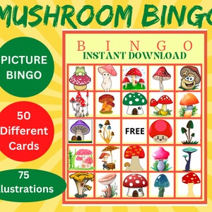 50 bingokaarten met afbeeldingen van PADDESTOELEN in plaats van cijfers - afdrukbare bingokaarten voor feest en familietijd - digitale pdf direct downloaden
