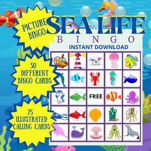 50 bingokaarten met afbeeldingen van zeedieren in plaats van cijfers - afdrukbare bingokaarten voor feest en familietijd - digitale pdf direct downloaden