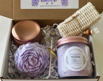 Lavender Gift Set, Relaxing Lavender Spa Gift Box, Handmade Self Care Gift for Her, Soap Candle Bath Salt Relaxation Set