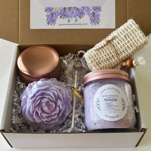 Lavender Gift Set, Relaxing Lavender Spa Gift Box, Handmade Self Care Gift for Her, Soap Candle Bath Salt Relaxation Set