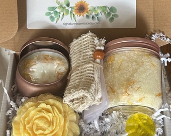 Calendula Lemon Spa Gift Set, Handmade Self-Care Gift for Her, Soap Candle Bath Salt Relaxation Set