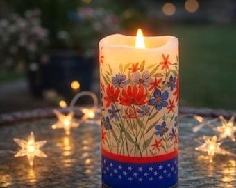 4th of July LED Decoupage Candle with Remote, Flameless Wax Candle, Patriotic Decor, Red White Blue Floral Candle, Summer Table Decor