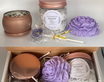 Relaxing Lavender Spa Gift Set, Handmade Candle, Soap & Bath Salt, Gift for Her, Best Friend Gift, Self Care Gift, Mothers Day Gift