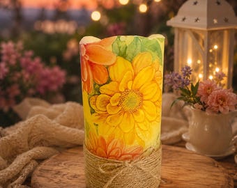 Handmade LED Decoupage Candle, Real Wax Botanical Floral Decor, Vintage-inspired Design (Remote Control)