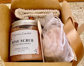 Pink Himalayan Salt Scrub & Rose Soap Bar, Bath and Body Gift Set, Handmade gift