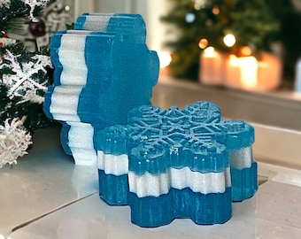 Snowflake Glycerin Soap Bar: Handmade Blue and White Winter Soap Gift