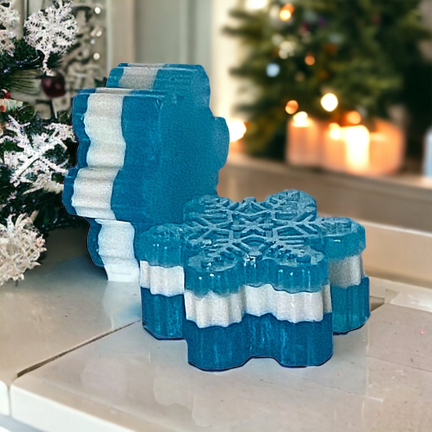 BLUE & WHITE HANDMADE MINI SNOWFLAKES FOUR SOAP BAR ALL NATURAL