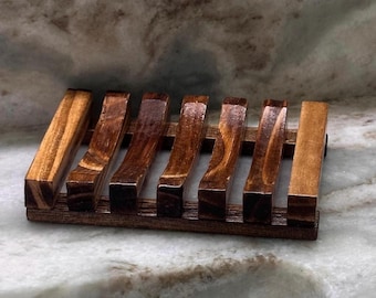 Dark Stained Wood Soap Dish with Drain: Waterfall Design