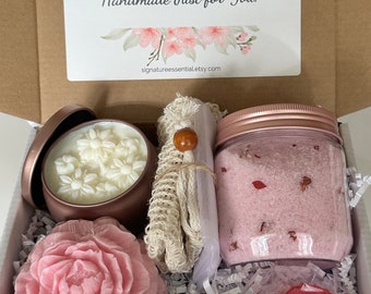 Handmade Cherry Blossom Spa Gift Set: Soap, Candle & Bath Salt