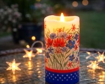 4th of July LED Decoupage Candle with Remote, Flameless Wax Candle, Patriotic Decor, Red White Blue Floral Candle, Summer Table Decor