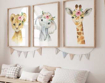 Safari Animals Floral Nursery Wall Art Printables, Blush Pink  Watercolor Flowers Roses Jungle Baby Girl Room Decor, DIGITAL DOWNLOAD P110
