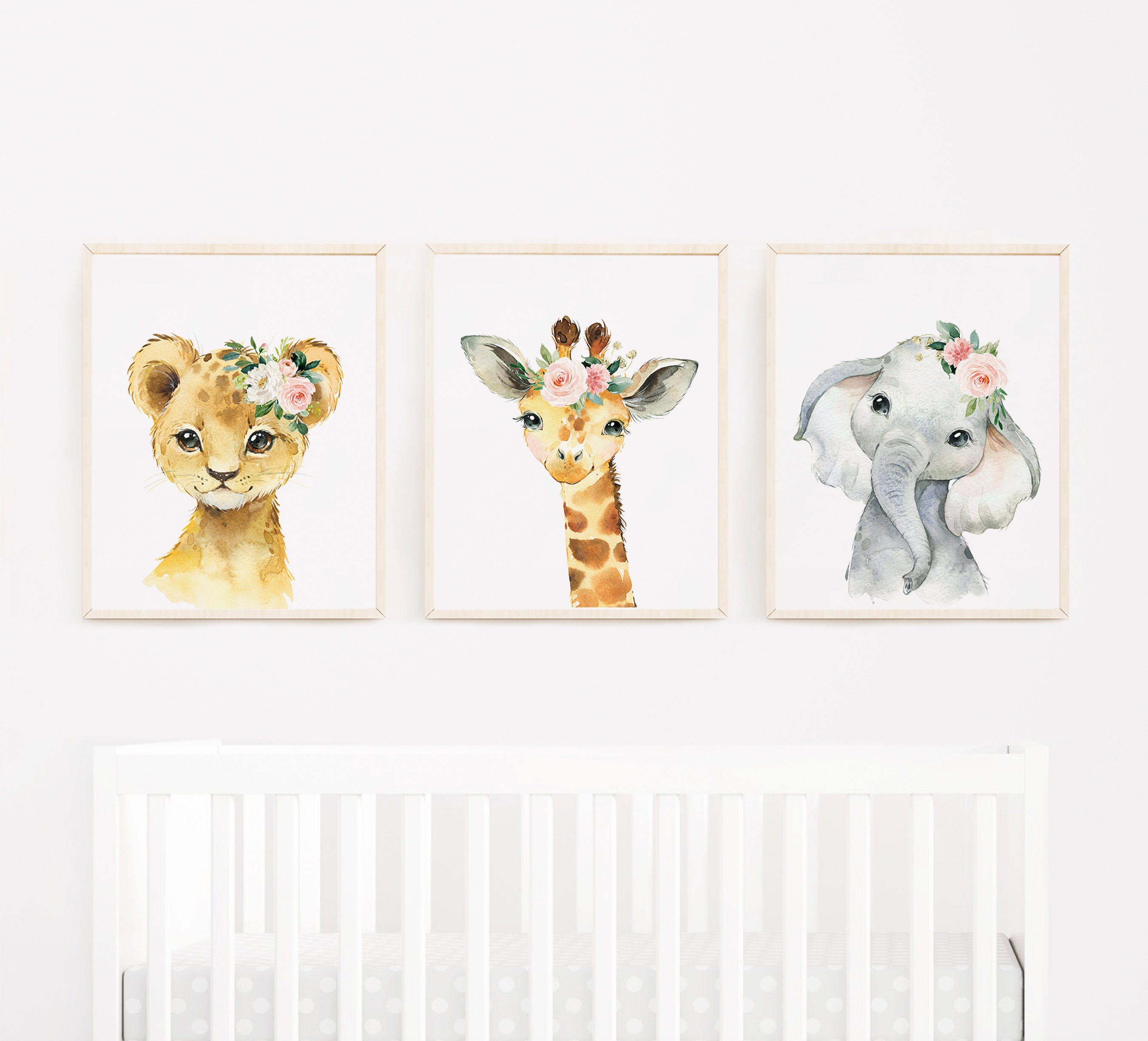 Safari Animals Floral Nursery Wall Art Printables, Jungle Blush Pink ...