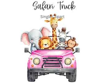 Safari Animals Truck Clipart, Jungle Birthday Decor, Baby Shower Invite, Pink Safari Truck, Transparent PNG, (Digital Download)