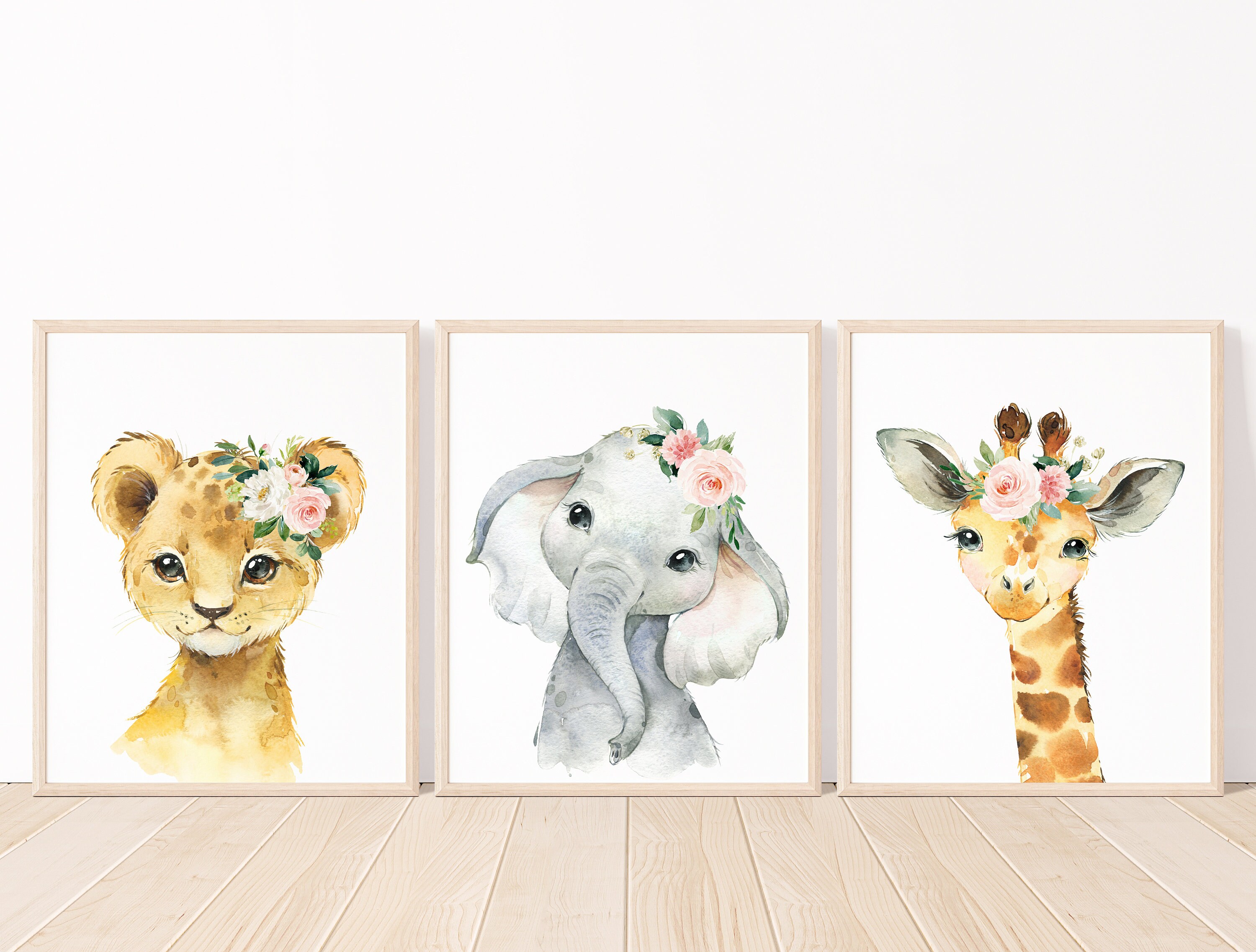 Safari Animals Floral Nursery Wall Art Printables, Jungle Blush Pink ...