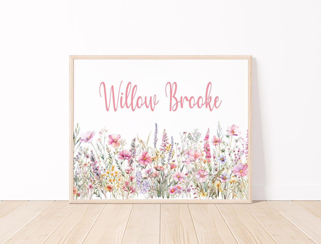 Wildflower Name Wall Art, Personalized Pink Floral Nursery Decor, Wild ...