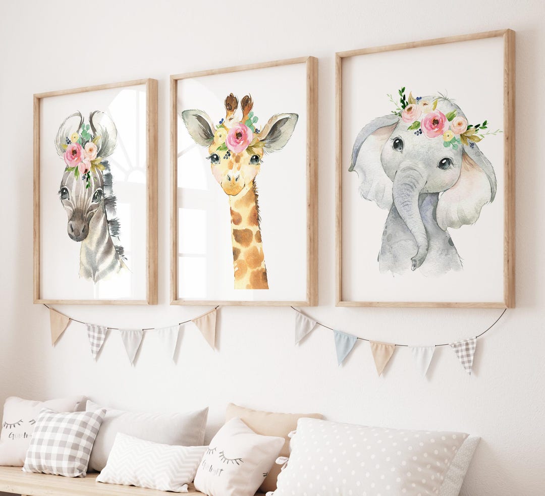 Safari Animals Floral Nursery Wall Art Printables, Blush Pink ...