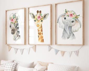 Safari Animals Floral Nursery Wall Art Printables, Blush Pink  Watercolor Flowers Roses Jungle Baby Girl Room Decor, DIGITAL DOWNLOAD P110