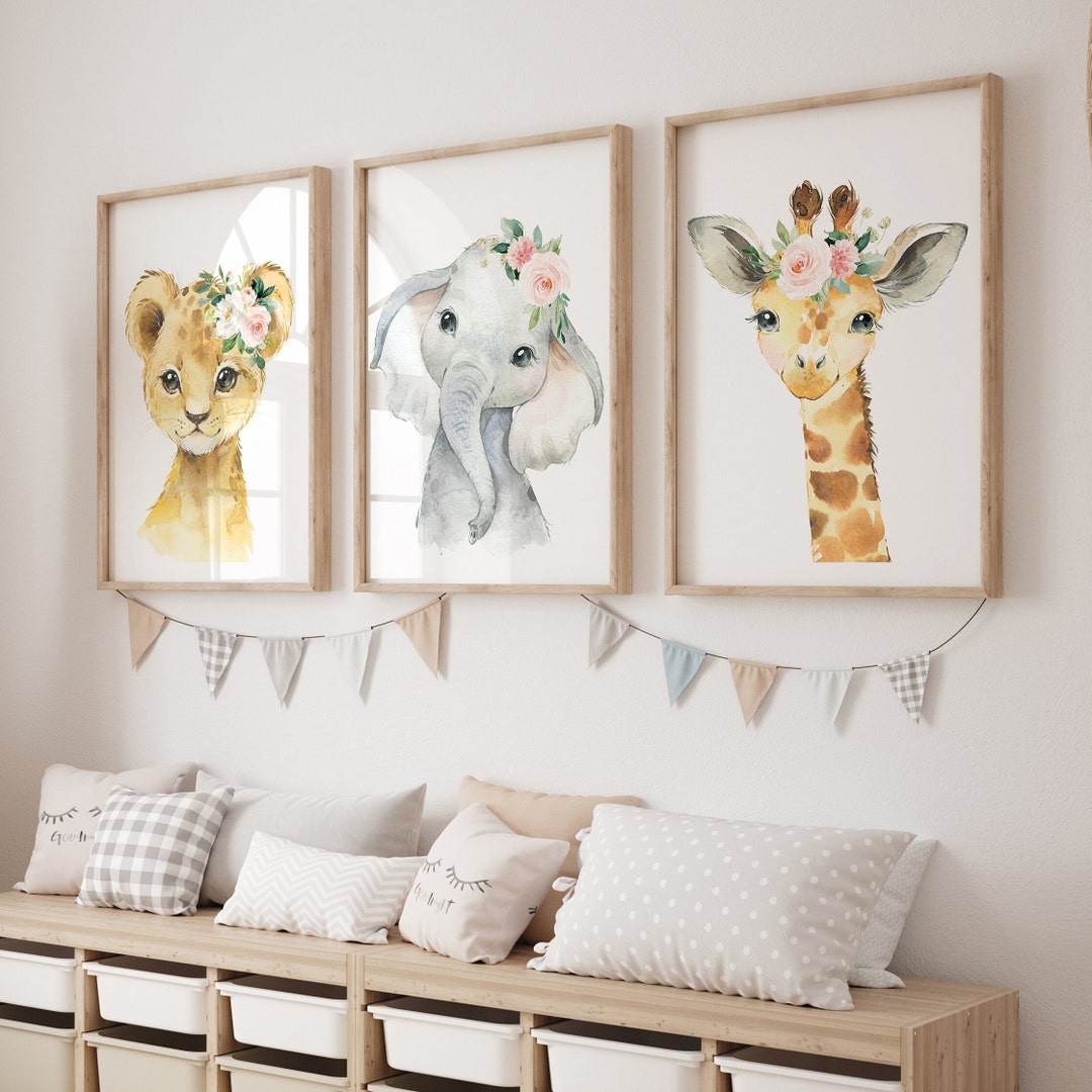 Safari Animals Floral Nursery Wall Art Printables, Jungle Blush Pink ...