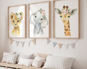 Safari Animals Floral Nursery Wall Art Printables, Jungle Blush Pink Watercolor Flowers Baby Girl Nursery Decor Zoo DIGITAL DOWNLOAD P103