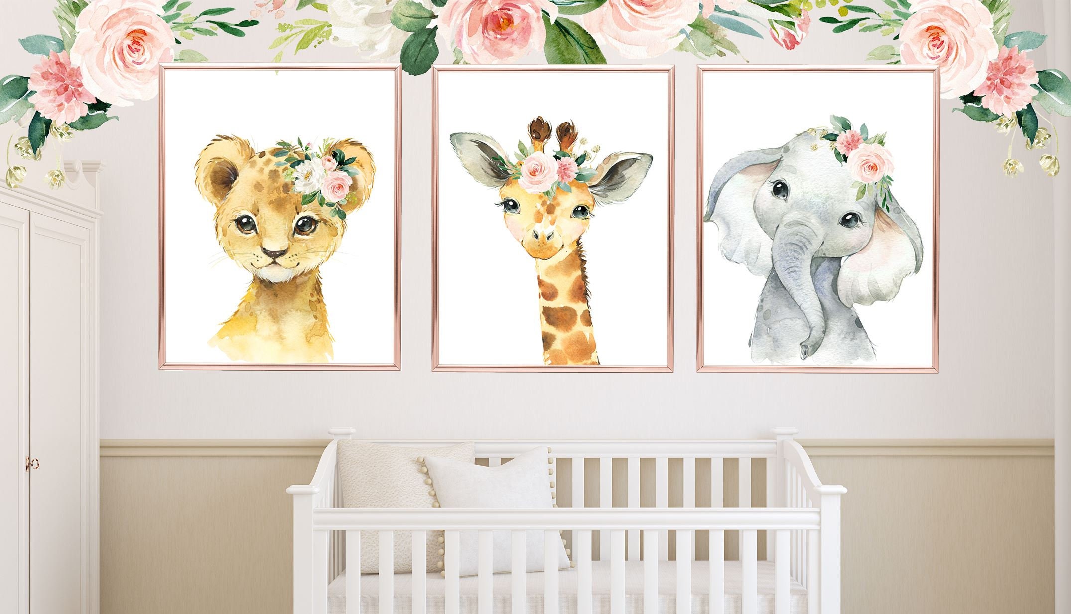Safari Animals Floral Nursery Wall Art Printables, Jungle Blush Pink ...