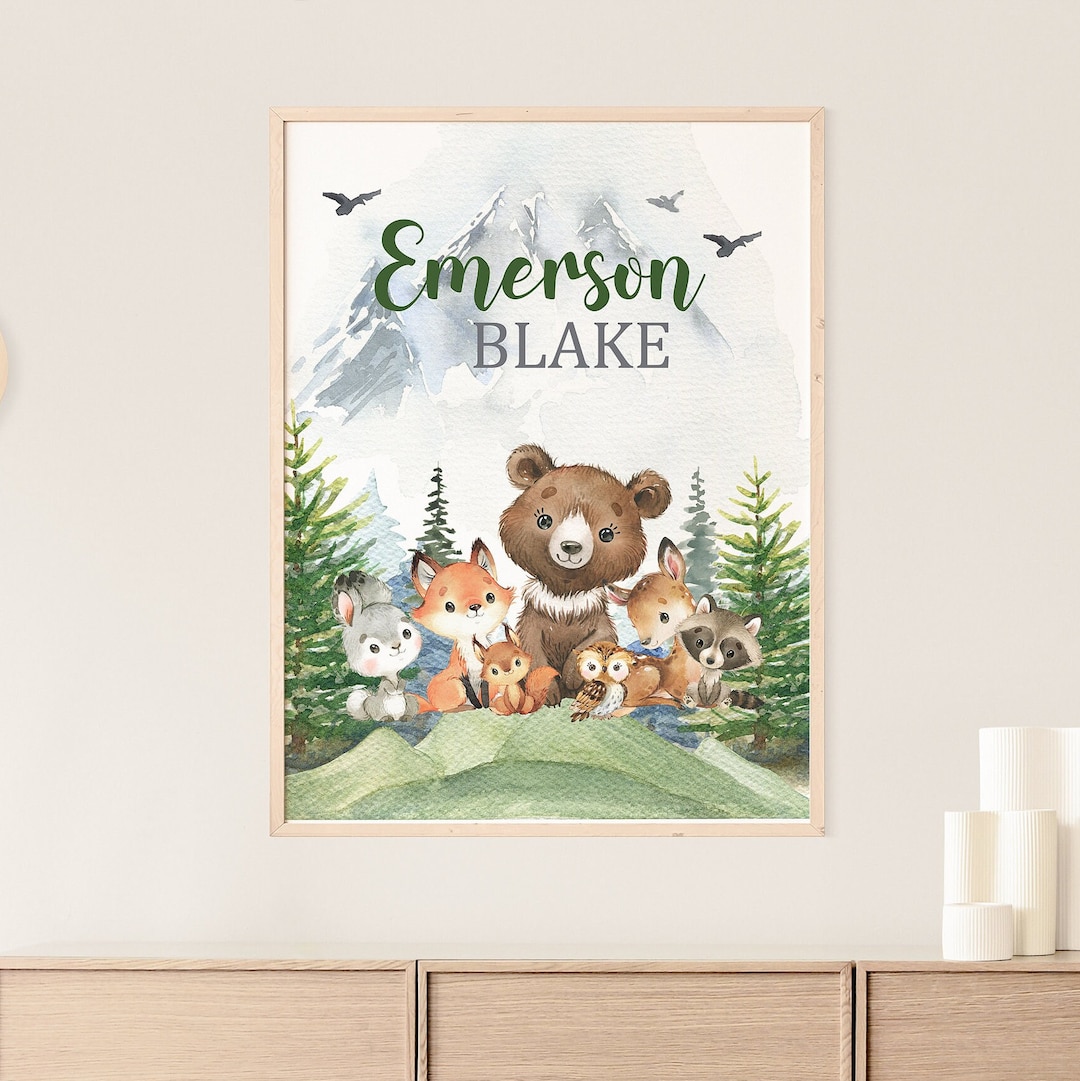 Woodland Animals Nursery Name Wall Art,personalized Forest Mountains
