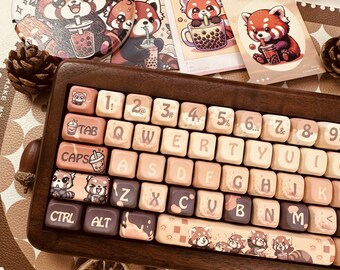 128Key Red Panda Milk Tea Theme Keycap Set,Cute Keycap,EOA Keycap,PBT Keycap,Mechanical Keyboard Keycap,Keyboard Accessory,Anime Keycap,Gift