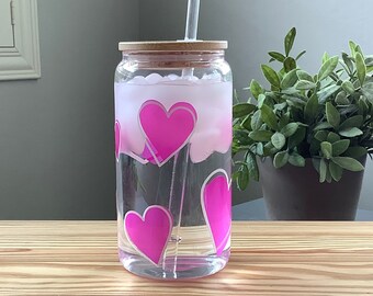 Color Changing Glass Can, Heart Drinking Glasses, Iced Coffee Cup with Lid and Straw, Cute Birthday Gift for Her, Love Gift for Wife