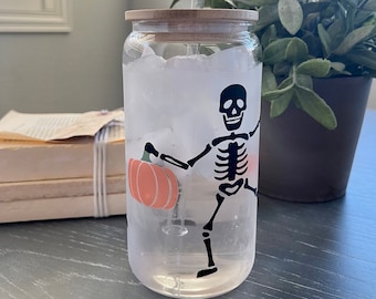 Cold Color Changing Halloween Cup, Skeleton and Pumpkin Beer Can Glass, Iced Coffee Cup with Lid and Straw, Halloween Glass Can Cup