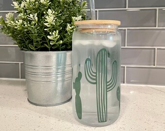 Cold Color Changing Cactus Cup, Beer Can Glass, Iced Coffee Cup with Lid and Straw, Plant Gift for Her, Cactus Gift for Plant Lover