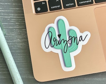 AZ Cactus Water Resistant Water Bottle Vinyl Sticker, Cactus Plant Gift for Her, Arizona Moving Gift for Friend