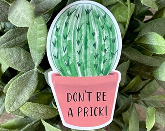 Don’t Be a Prick Cactus Vinyl Sticker, Water Resistant Water Bottle Sticker, Laptop Decal, Funny Plant Gift for Plant Lover, Offensive Plant